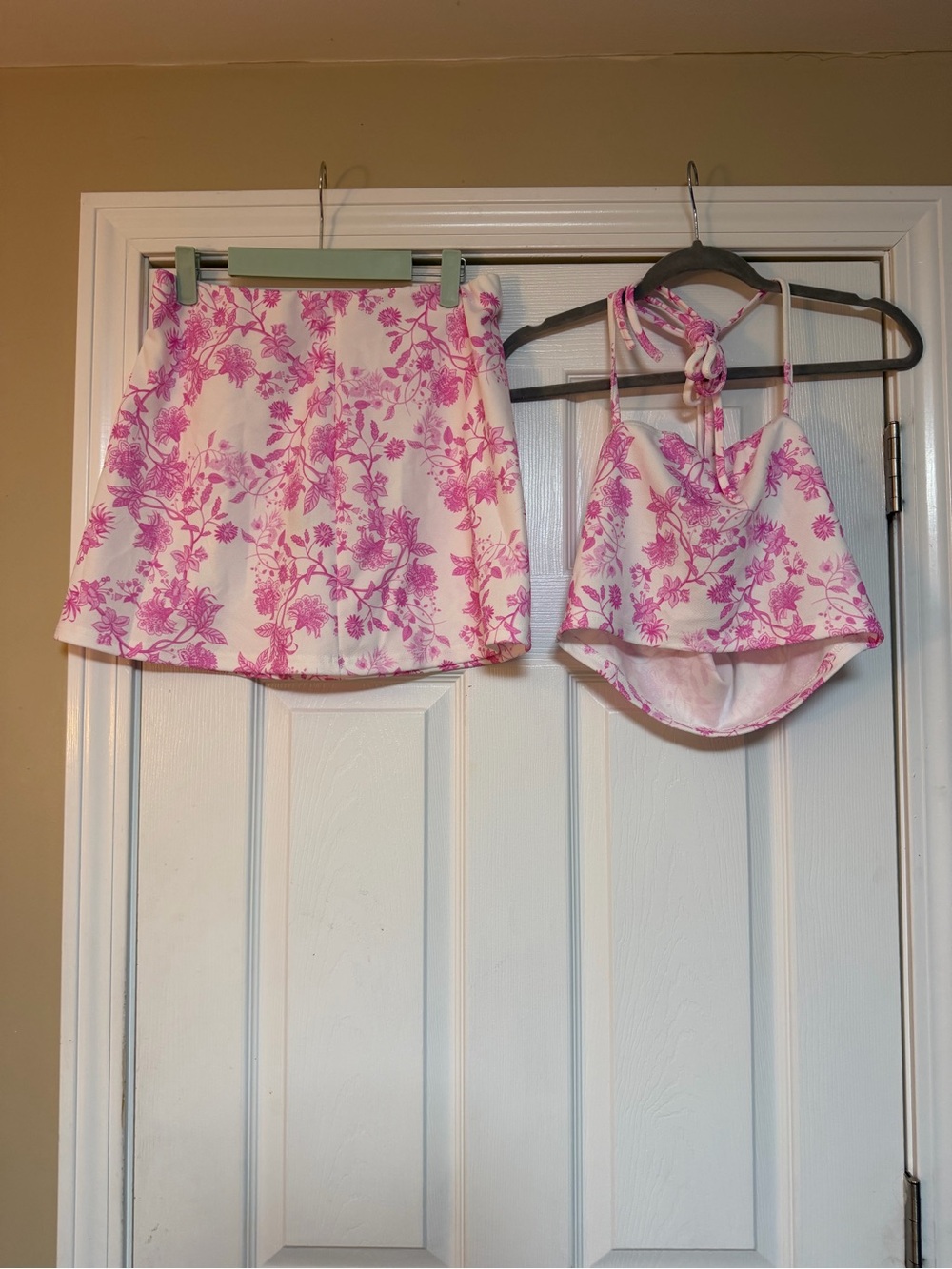 White and Pink Floral A-Line Skirt and top set  - Women